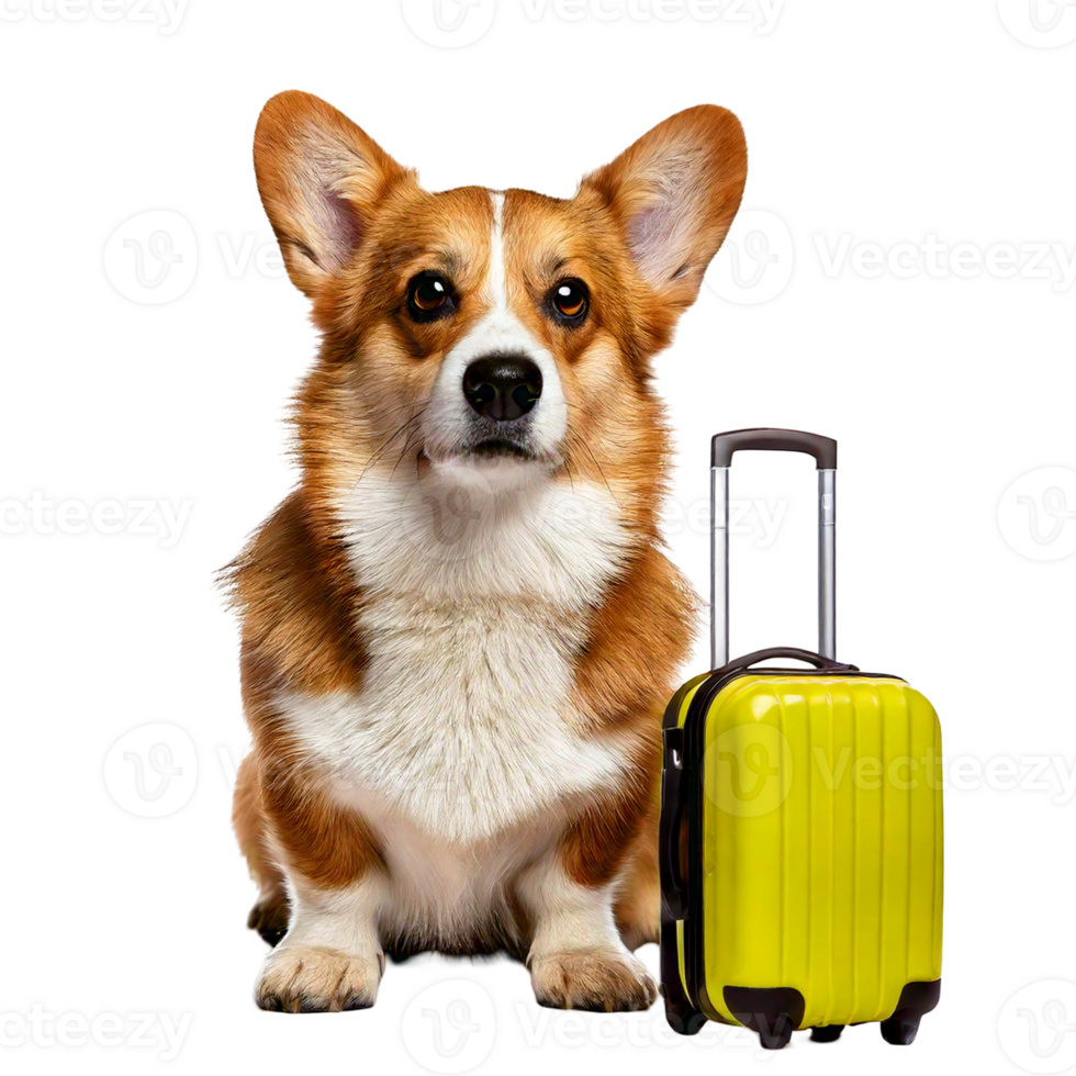A corgi sitting next to a tiny rolling suitcase png