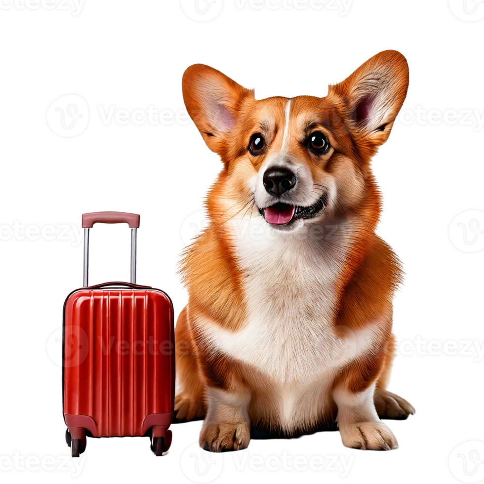 A cute corgi sitting next to a tiny rolling suitcase png