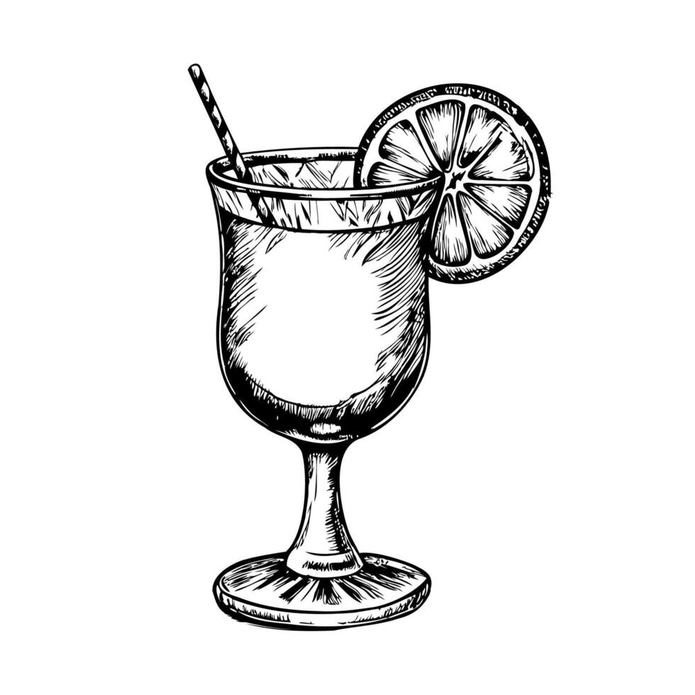A glass of a drink with a straw and a slice of orange on top vector