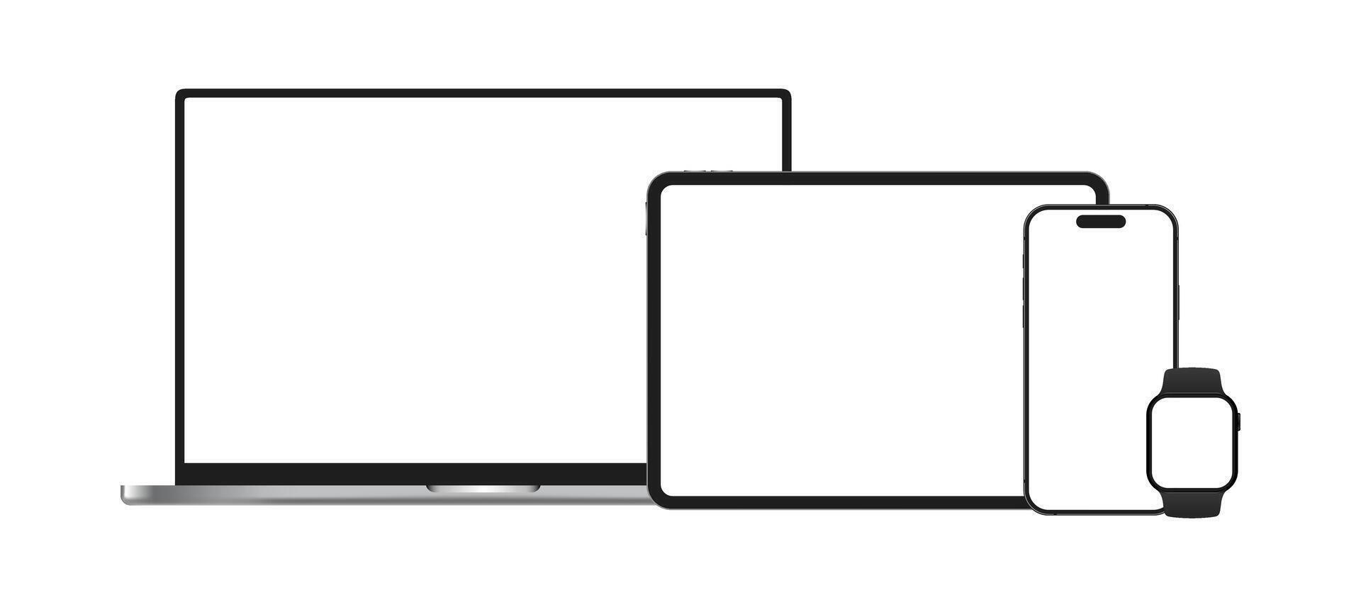Laptop, Tablet PC, Smartphone and Smartwatch Devices Mockup Set Illustration. Modern Technology Blank Screen Advertisement, Promotion Template vector