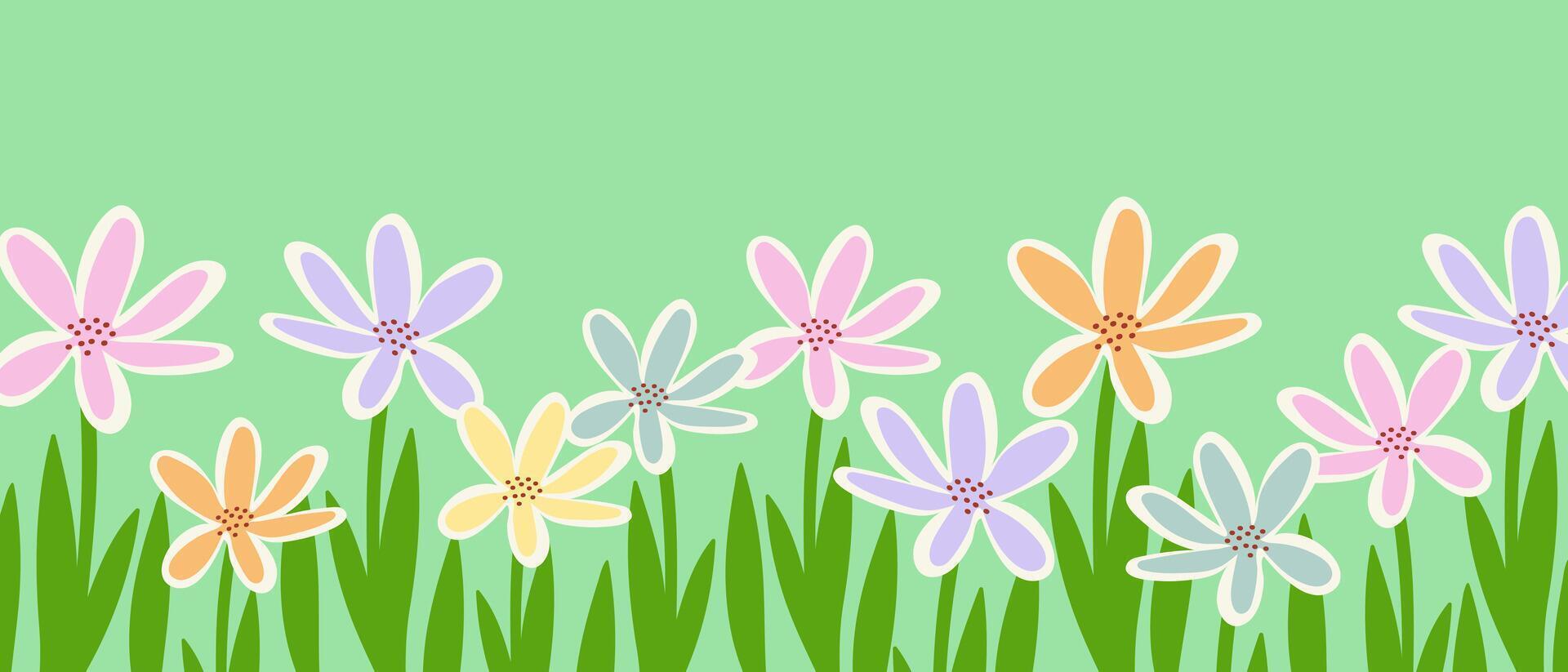 Flowers and leaves, cute horizontal background. Floral spring or summer background with space for text. vector