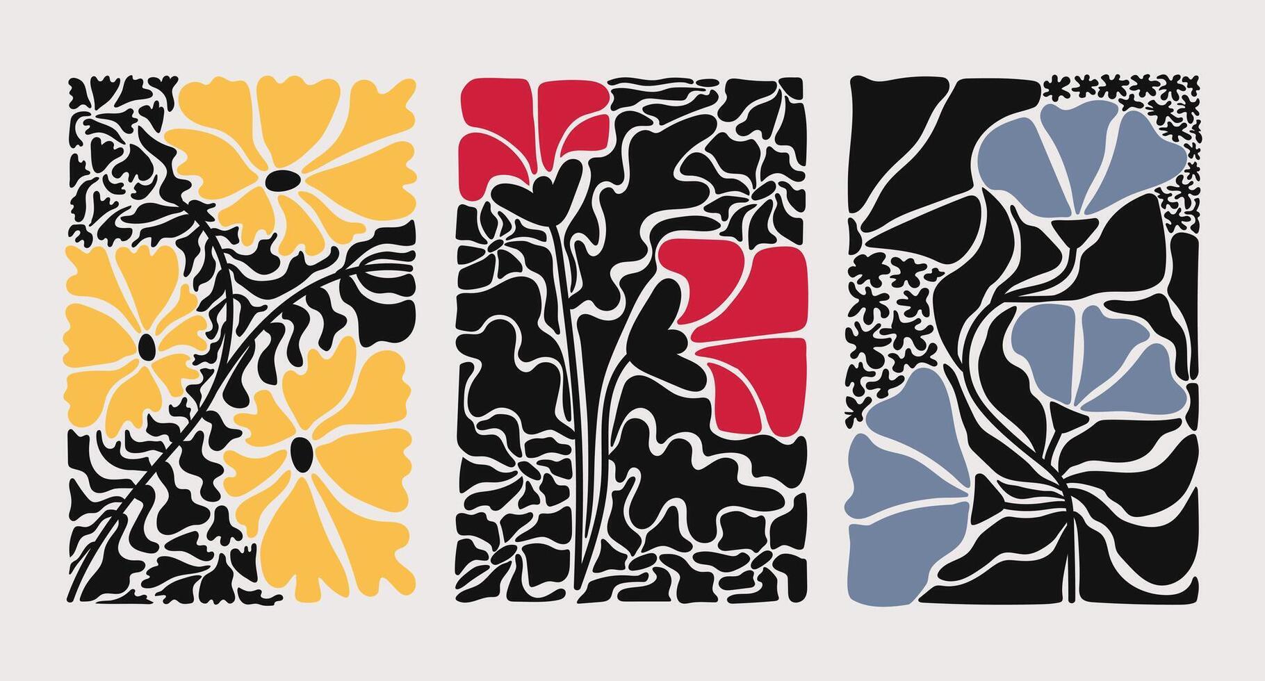Abstract Y2K floral poster in black and white. Black and white naive funky prints for wall art. vector