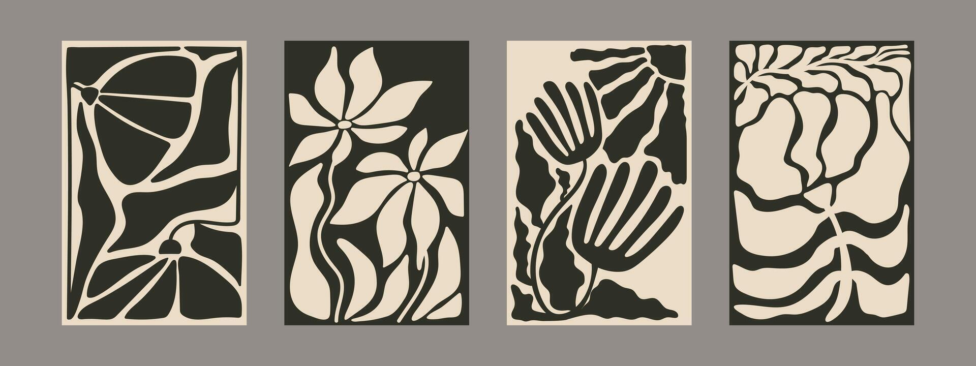 Fashionable abstract floral posters. Black and white irregular wild plants. vector