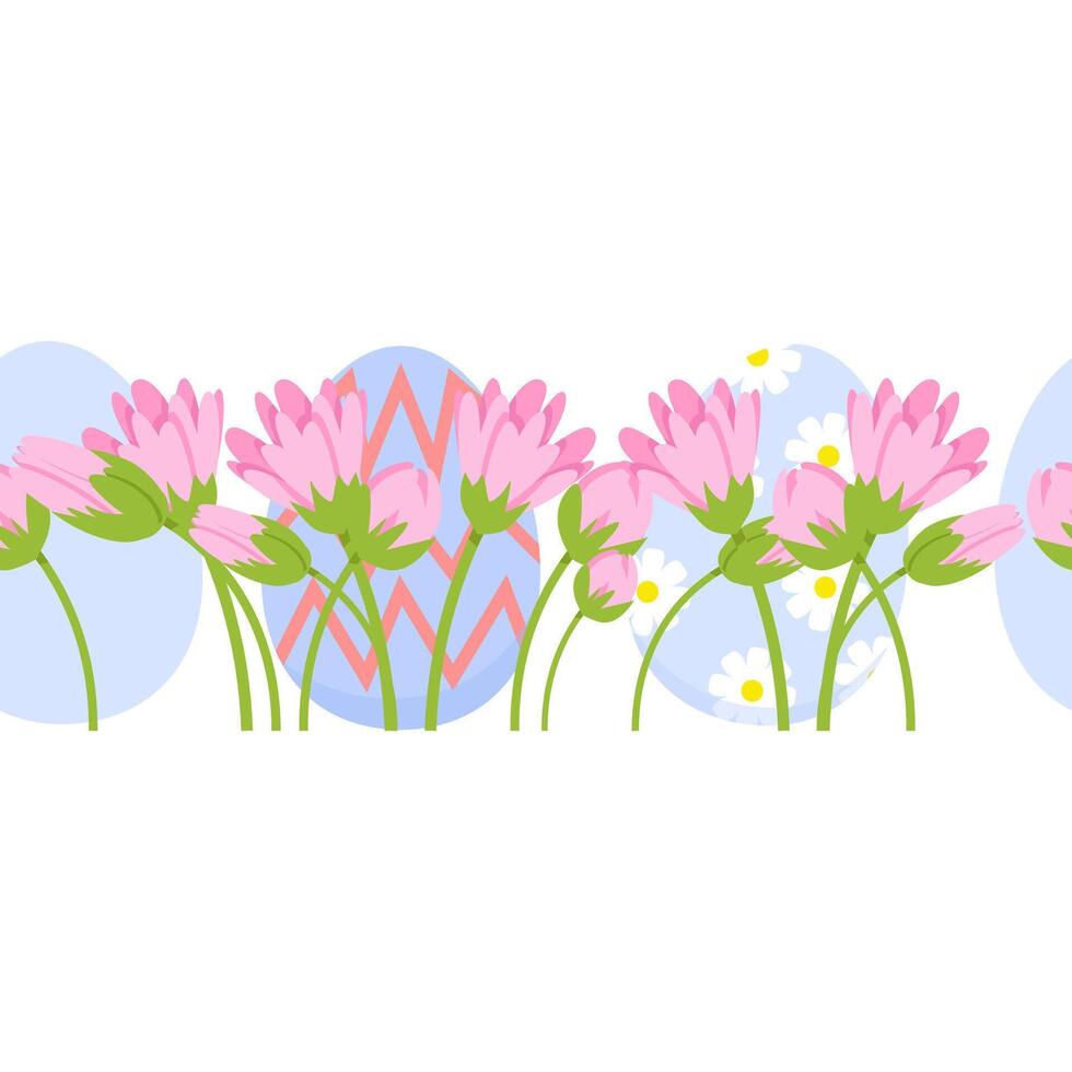 Seamless border of Easter eggs and flowers vector