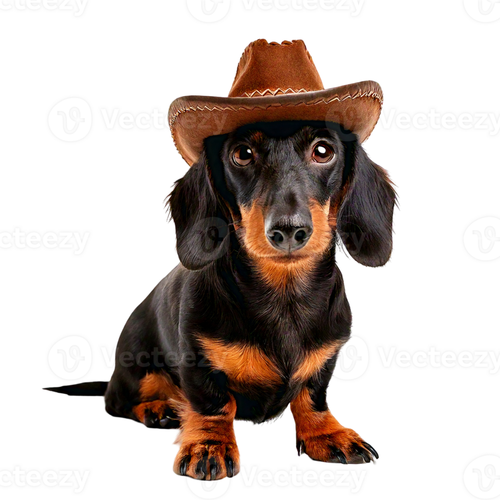 A dachshund in a tiny brown cowboy hat and boots png