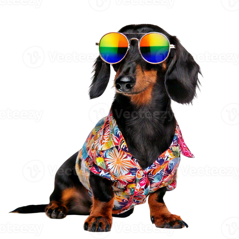 A dachshund in rainbow-tinted sunglasses and a colorful Hawaiian shirt png
