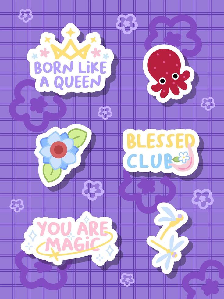 aesthetic decoration stickers with hand drawn flower and octopus doodle design vector