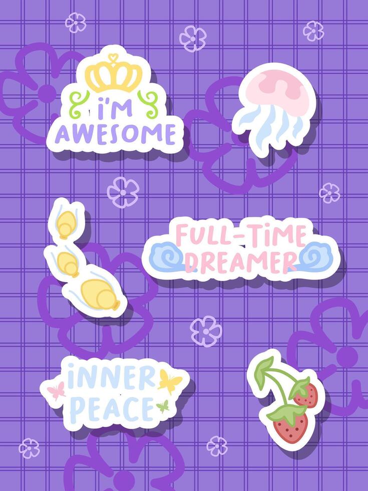 a set of cute duck and jellyfish with good word sticker design vector