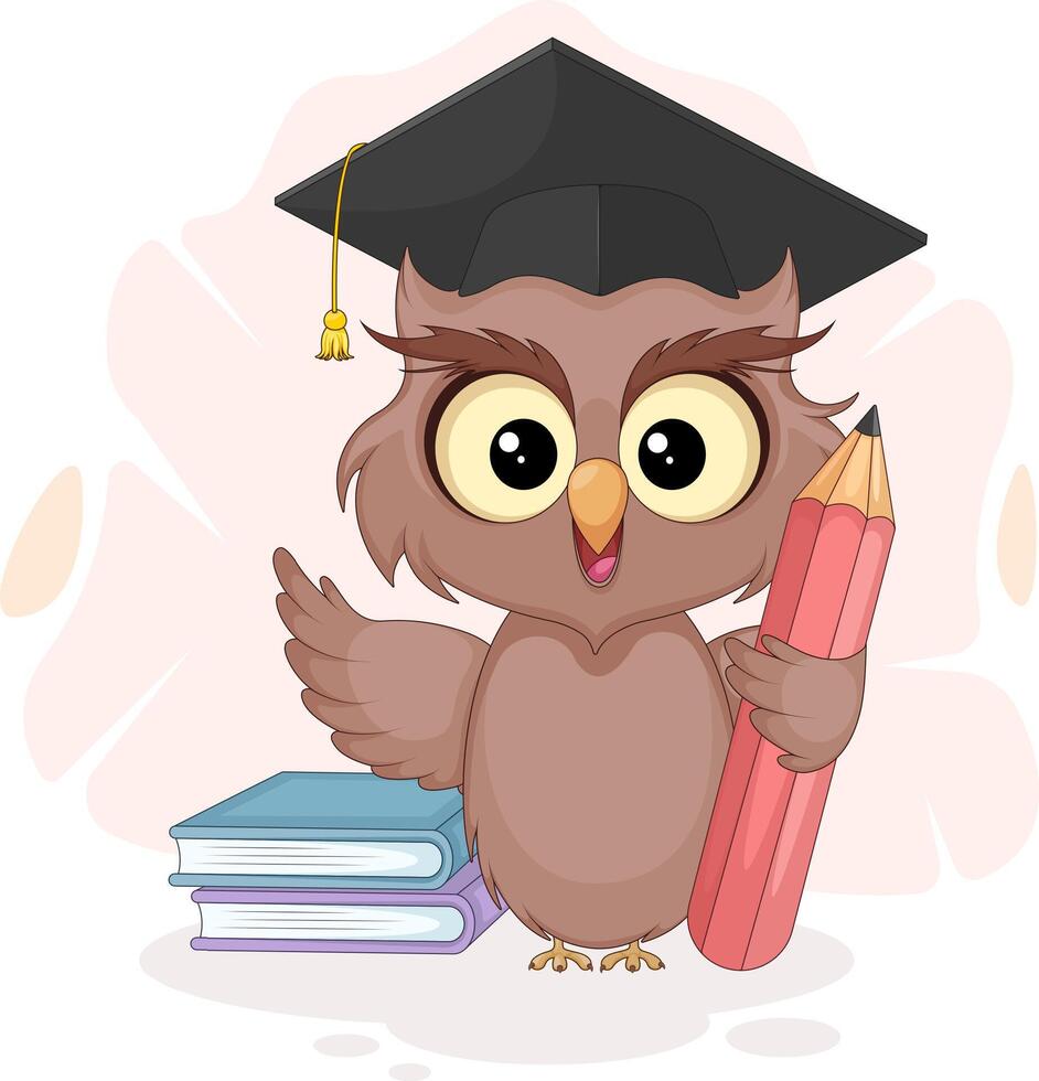 Cute smart owl with big pencil and books. Back to school illustration vector