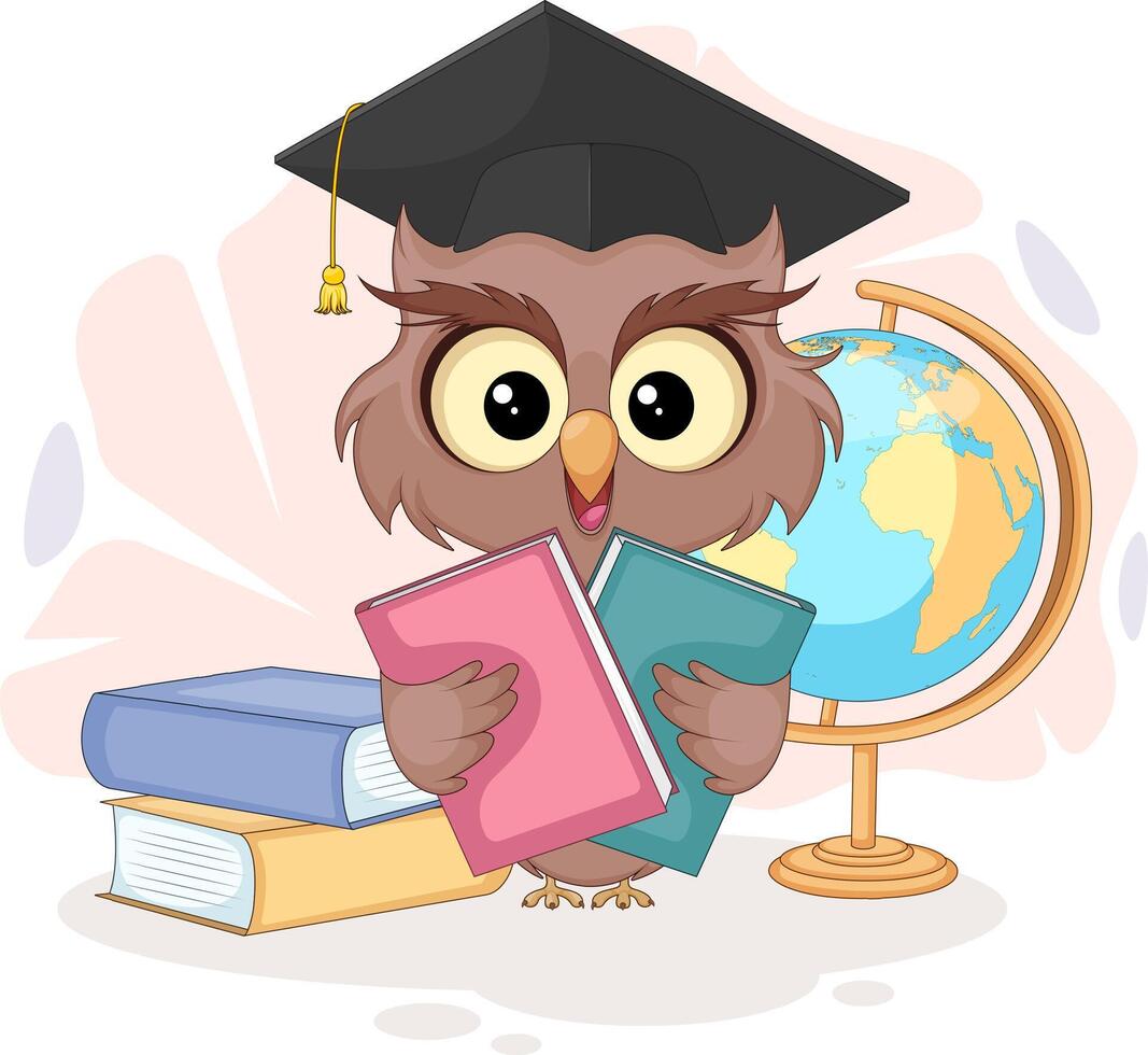 Smart Cartoon Owl with Books and Globe. Colorful Back to School vector