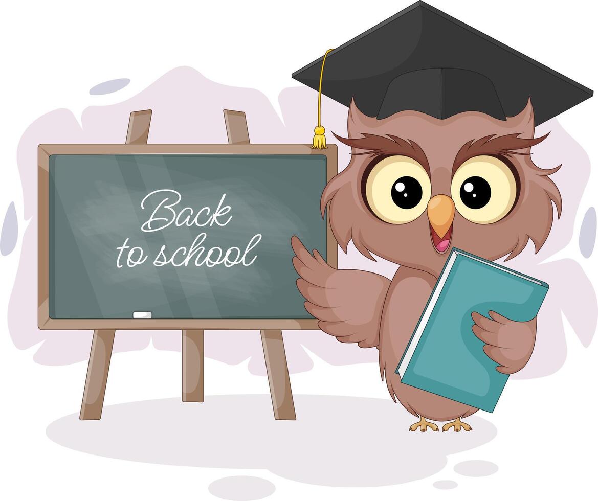 Smart Cartoon Owl at the Blackboard. Colorful Illustration for Back to School vector