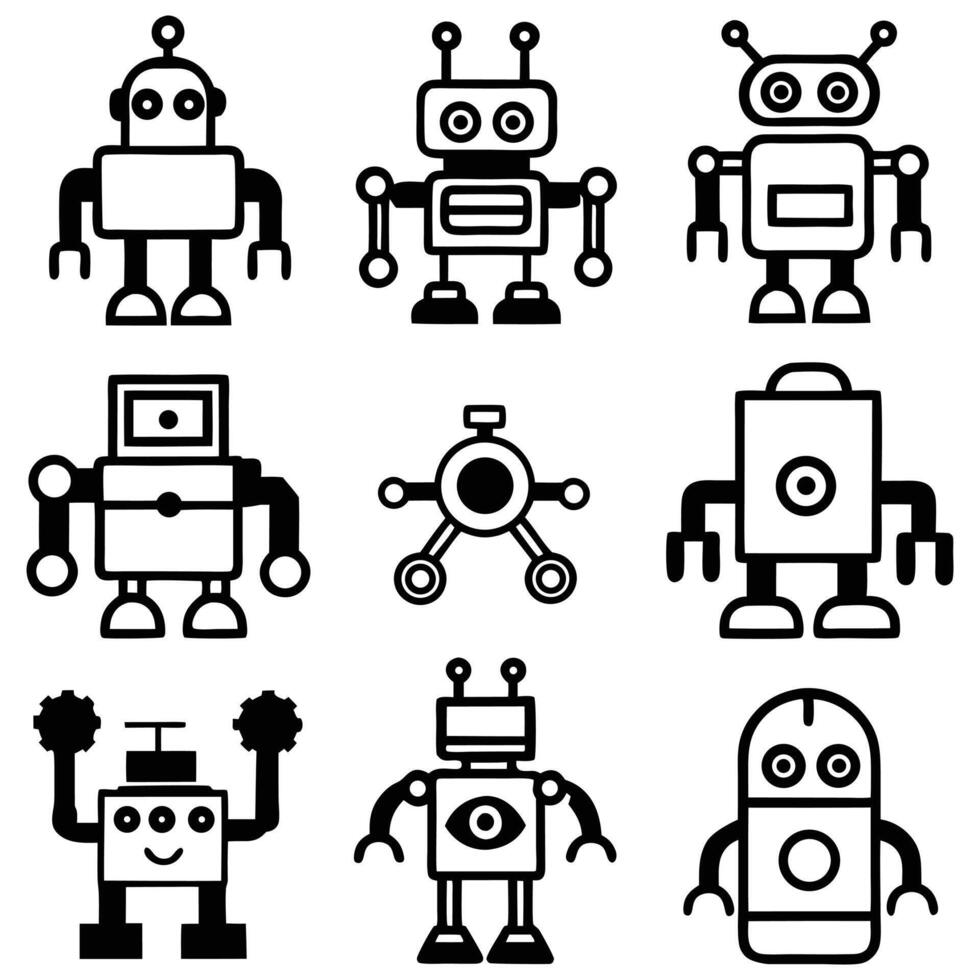 A set of cute cartoon robot icons showcases funny mechanical characters with a retro futuristic design vector