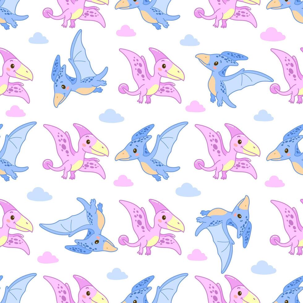 Seamless flying dinosaur pattern with pink and blue pterodactyls and clouds on white background vector