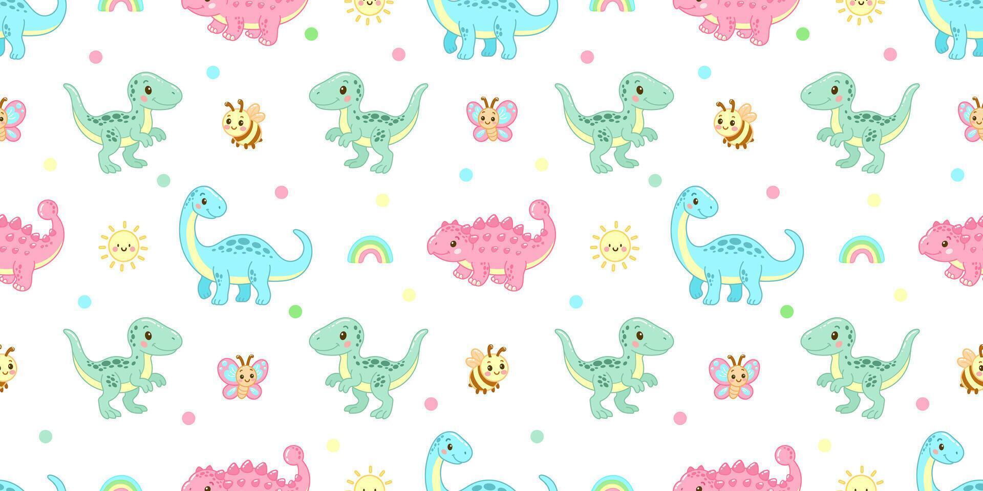 Bright seamless dinosaur pattern with bees, rainbows, and sunshine on white for joyful kids designs vector