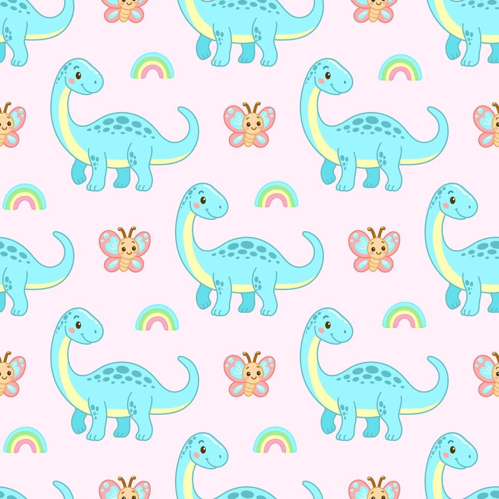 Smiling blue dinosaur seamless pattern with butterflies and rainbows on pink background vector