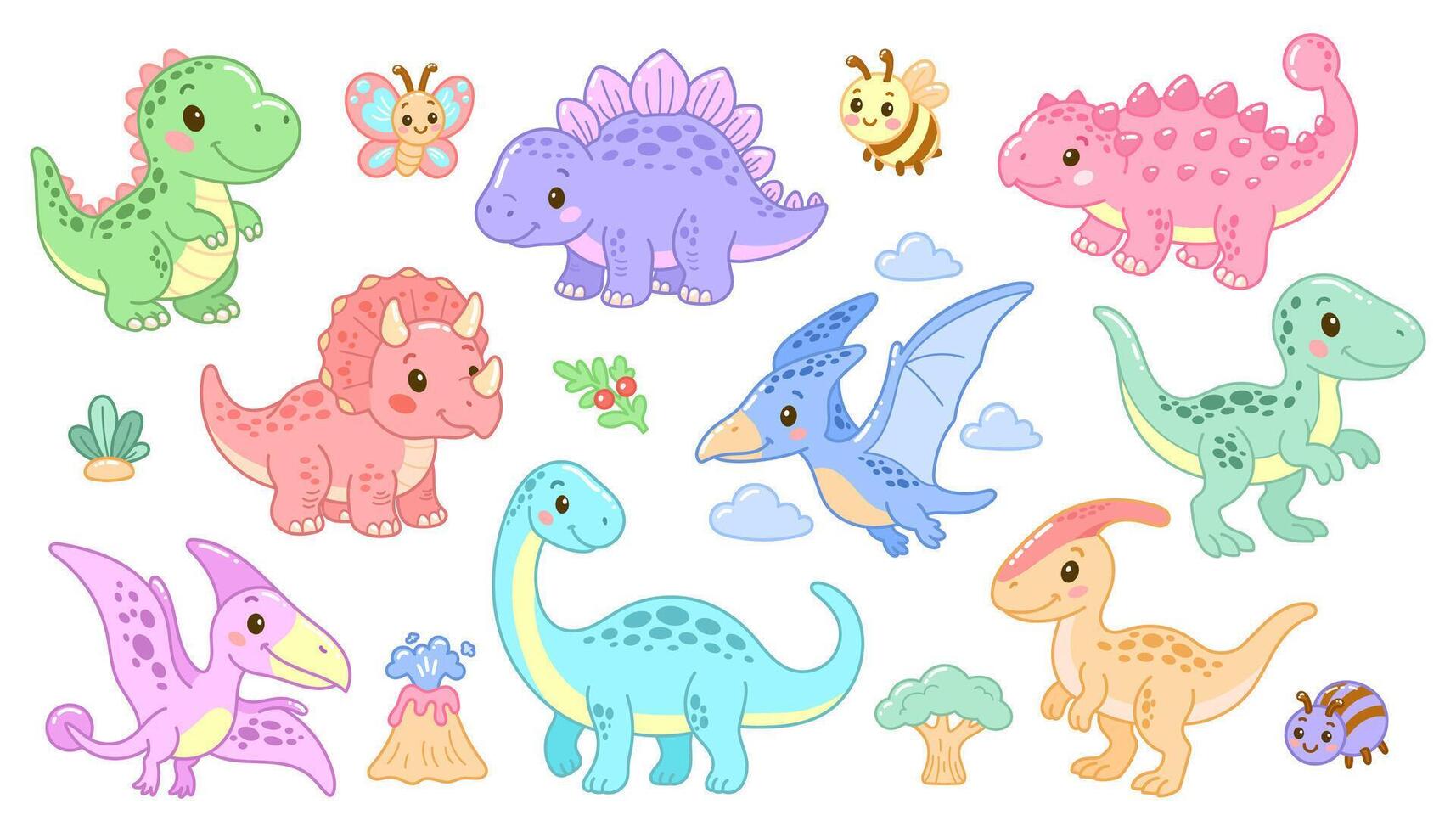 set of colorful cartoon dinosaurs and cute animals vector