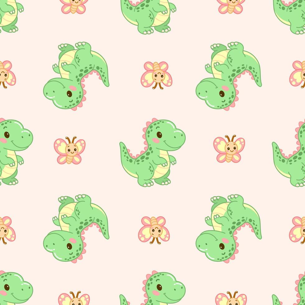 Seamless dinosaur and butterfly pattern in soft pastel tones vector