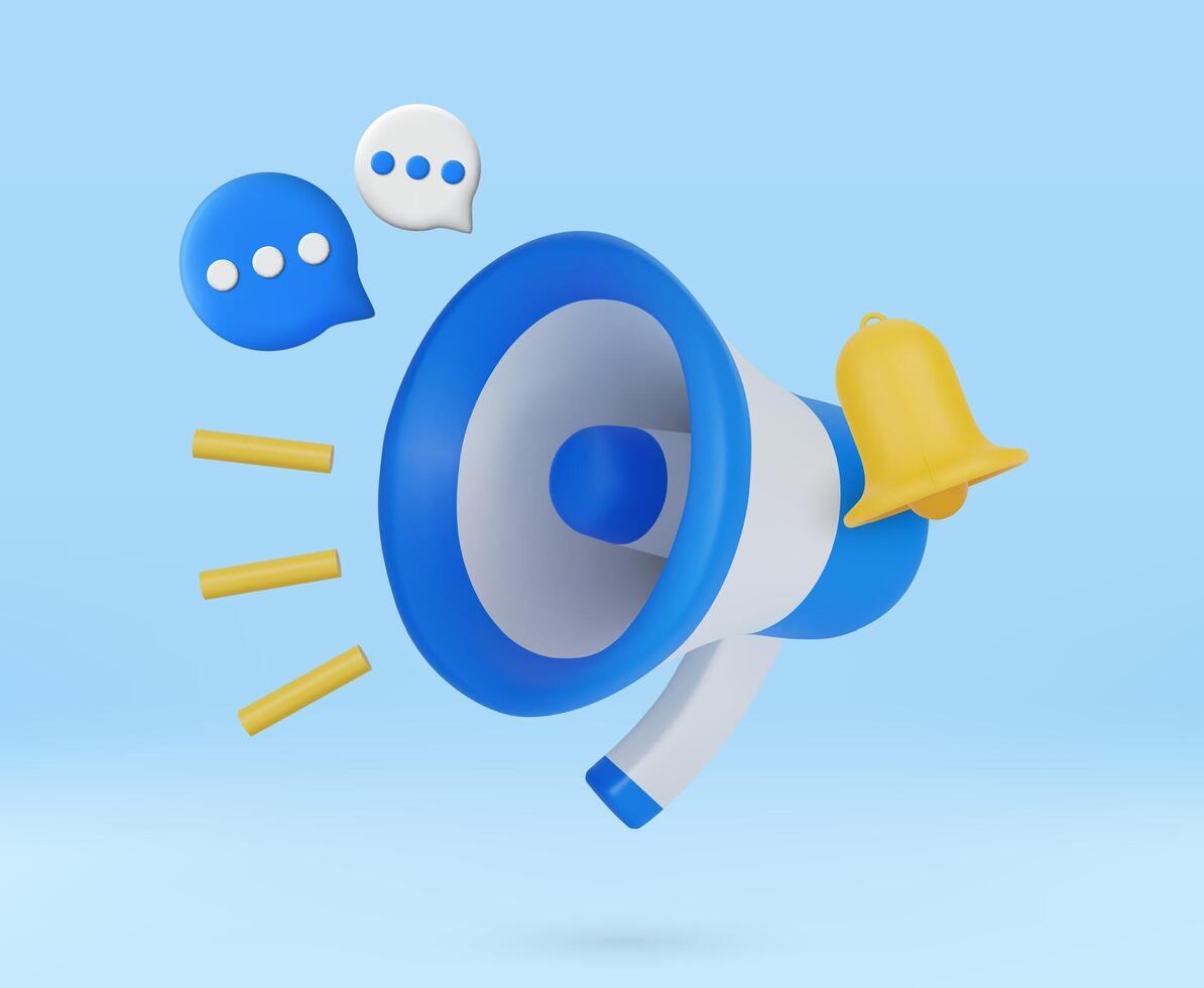 3D Megaphone with Bell notification isolated on blue background. Marketing time concept. Online news with loudspeaker. Social media promotion vector