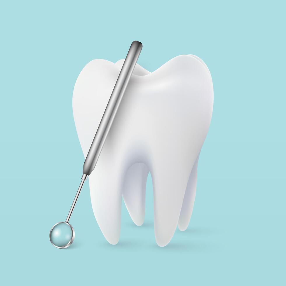 Tooth white, 3D illustration of a tooth, healthy glowing tooth. Shield around white tooth with dental mirrow. Dental care, protection whitening vector