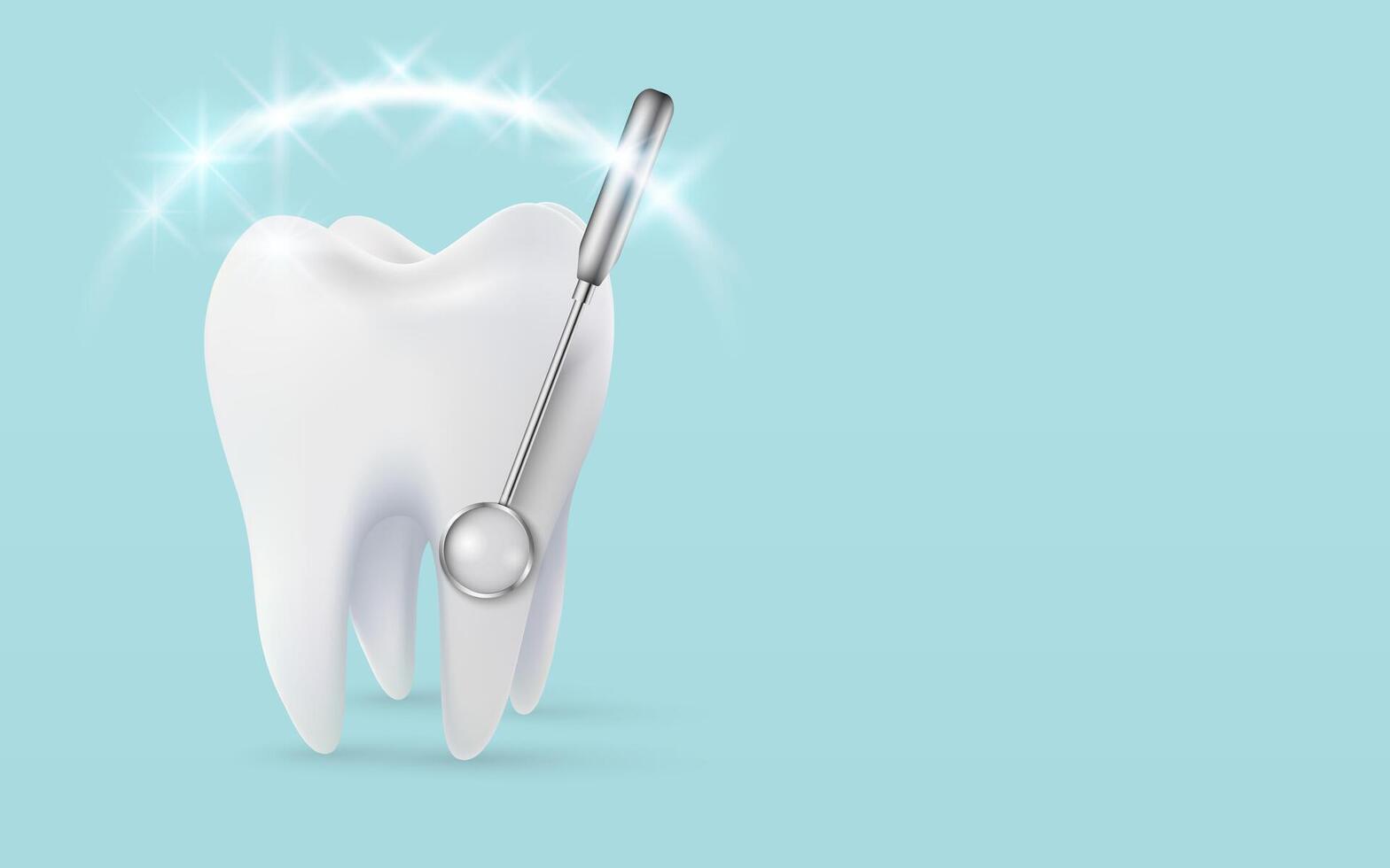 Tooth white, 3D illustration of a tooth, healthy glowing tooth. Shield around white tooth with dental mirrow. Dental care, protection and whitening vector