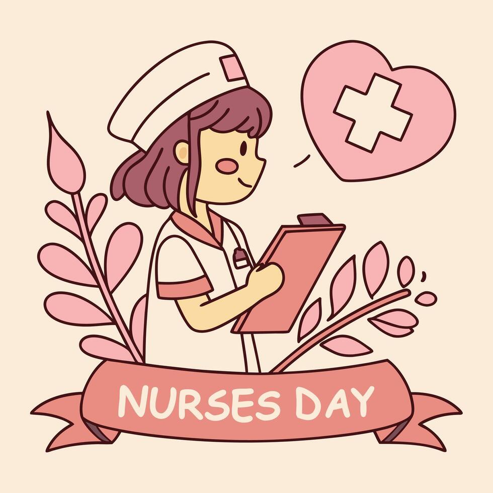 smiling cartoon nurse celebrating nurses day holding a cup with a heart and surrounded by floral elements vector