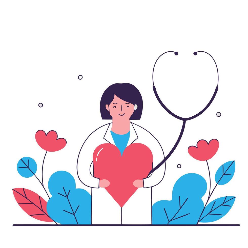 lat illustration of nurse holding red heart balloon to celebrate nurses day with flowers and love vector