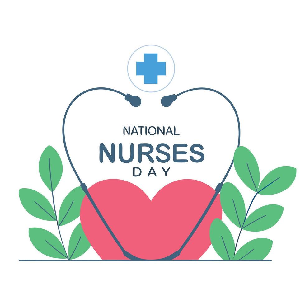 National Nurses Day illustration with heart shape, leaves, and medical cross in modern flat style vector