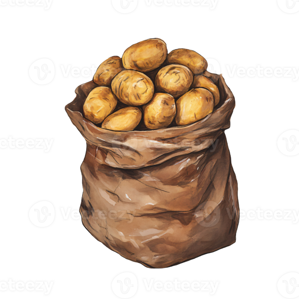 Earthy potatoes in a rough-textured sack png