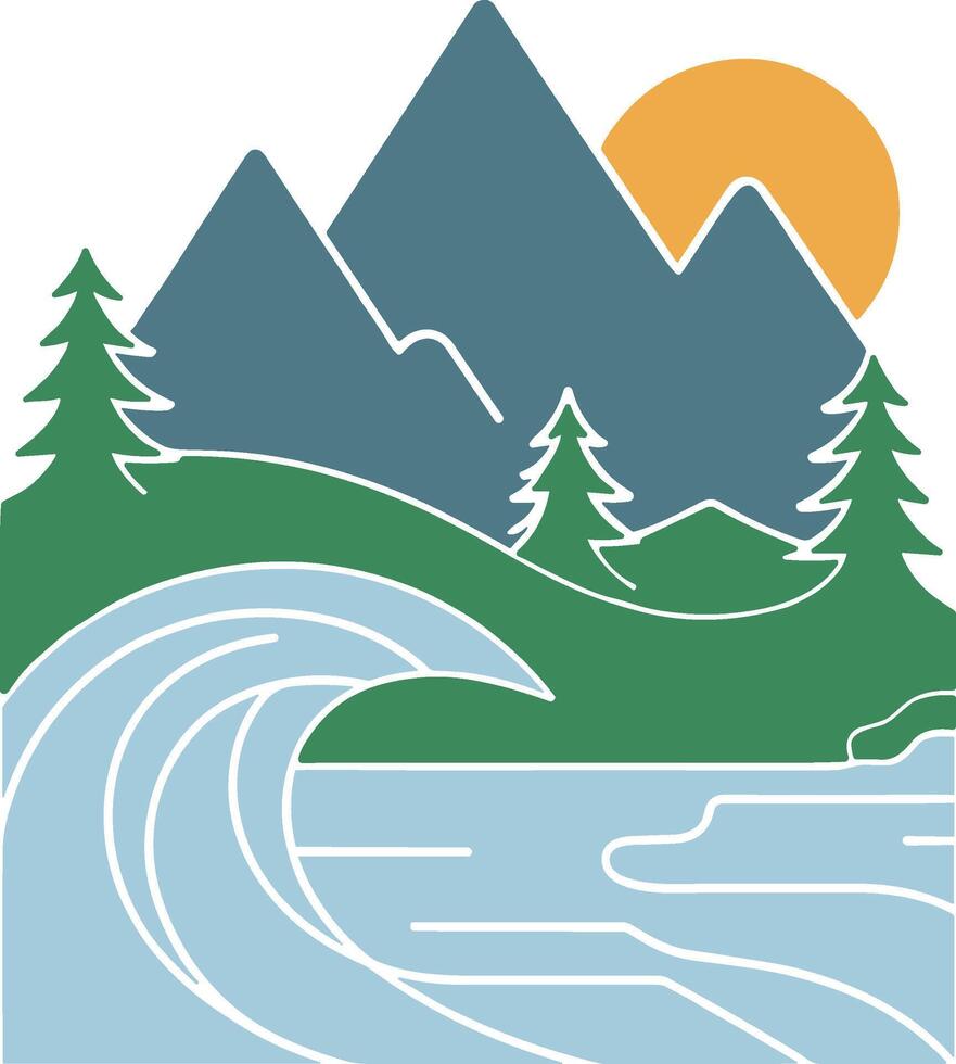 Minimalist Landscape with Mountains, River, and Ocean Wave vector