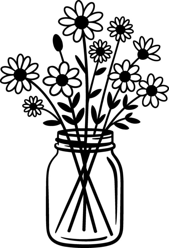 Wildflower Bouquet in Mason Jar Line Illustration vector