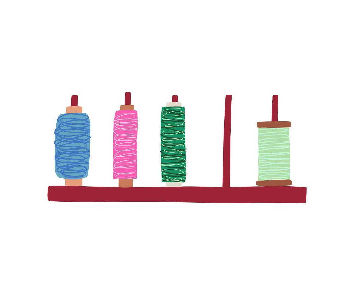 Colorful spools of thread arranged on a shelf, representing sewing supplies. Great for textile, fashion, or hobby design vector