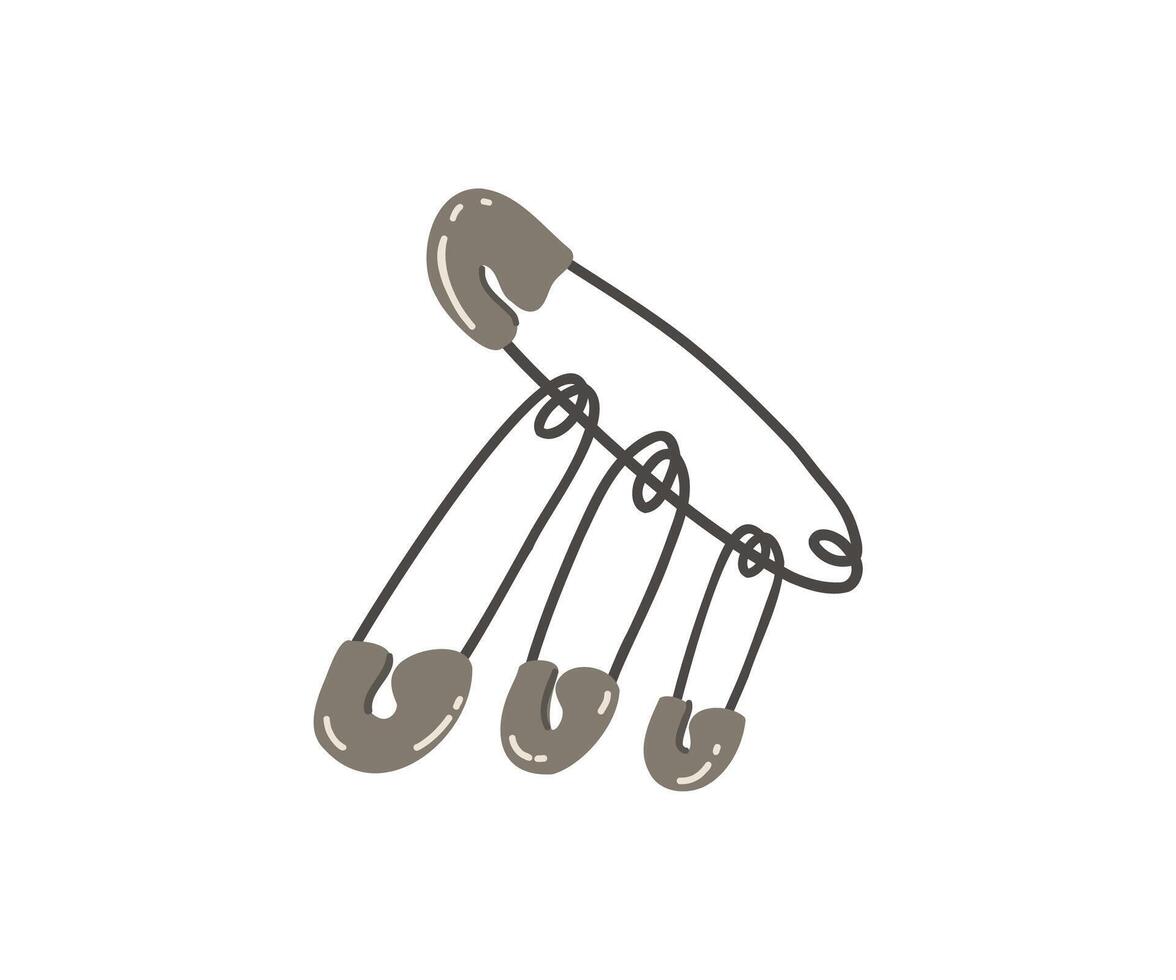 Flat illustration of metal safety pins in various sizes. Ideal for sewing, tailoring, and crafting designs vector