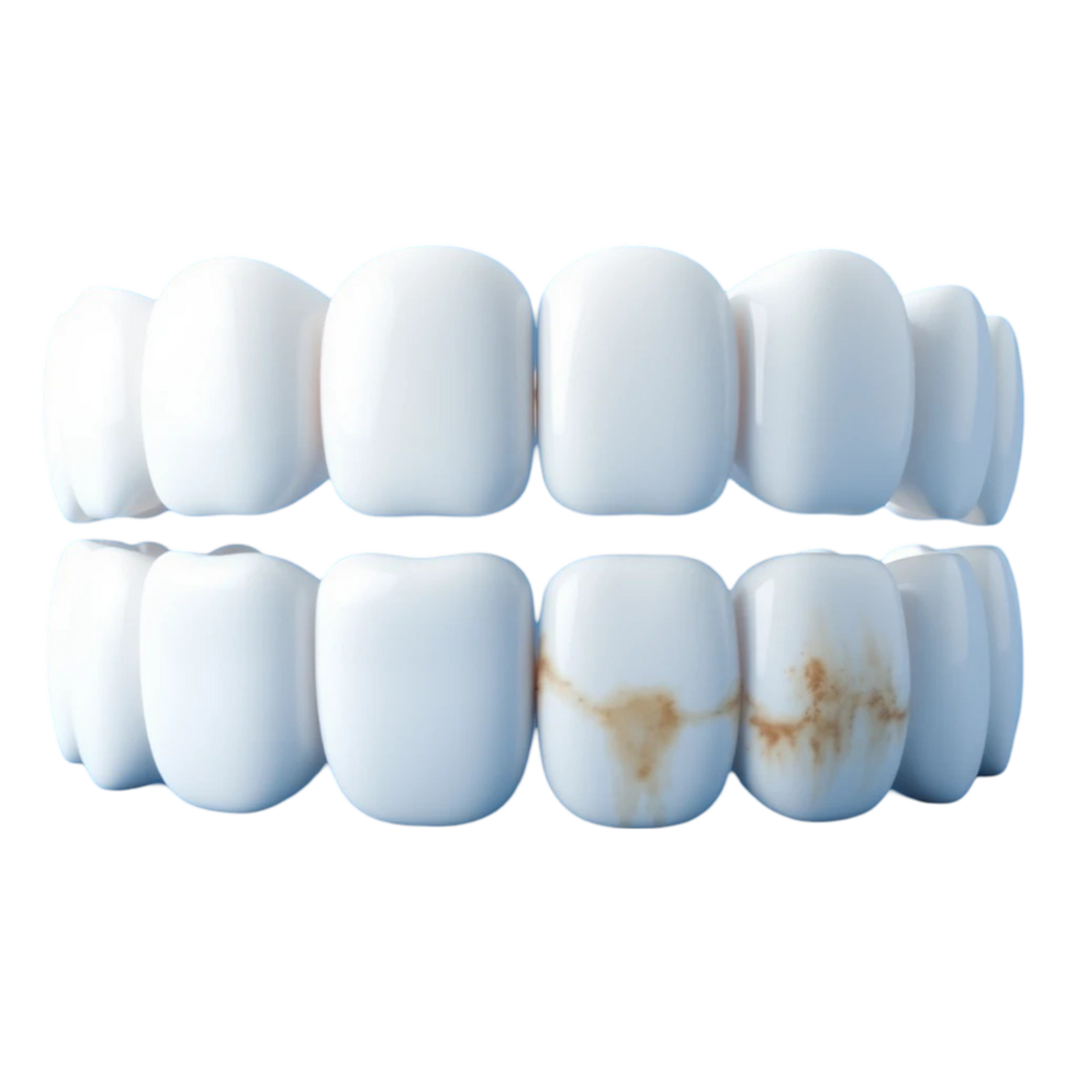 A 3D realistic set featuring one row of clean shiny teeth and another row of stained dirty teeth png