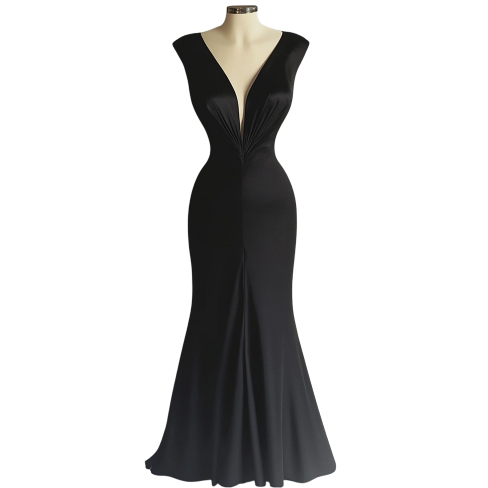 A black dress with a bold plunging neckline, elegantly displayed png