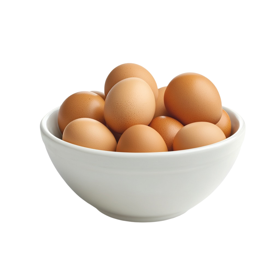 A clean white ceramic bowl filled with fresh raw brown eggs set against a pristine png