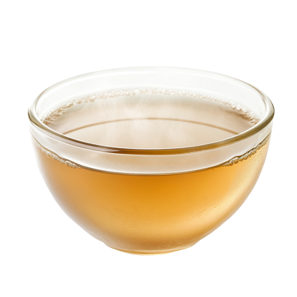 A clear steaming bowl of broth showcasing the golden color and clarity of the liquid png