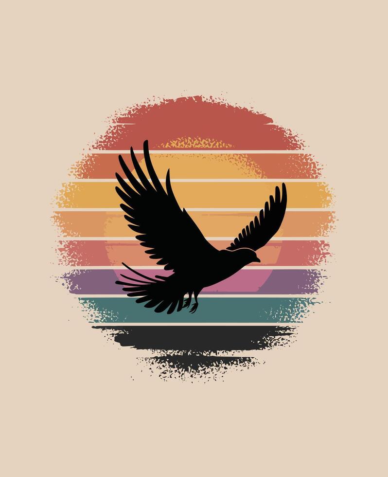 retro sunset stripes with bird flying vector