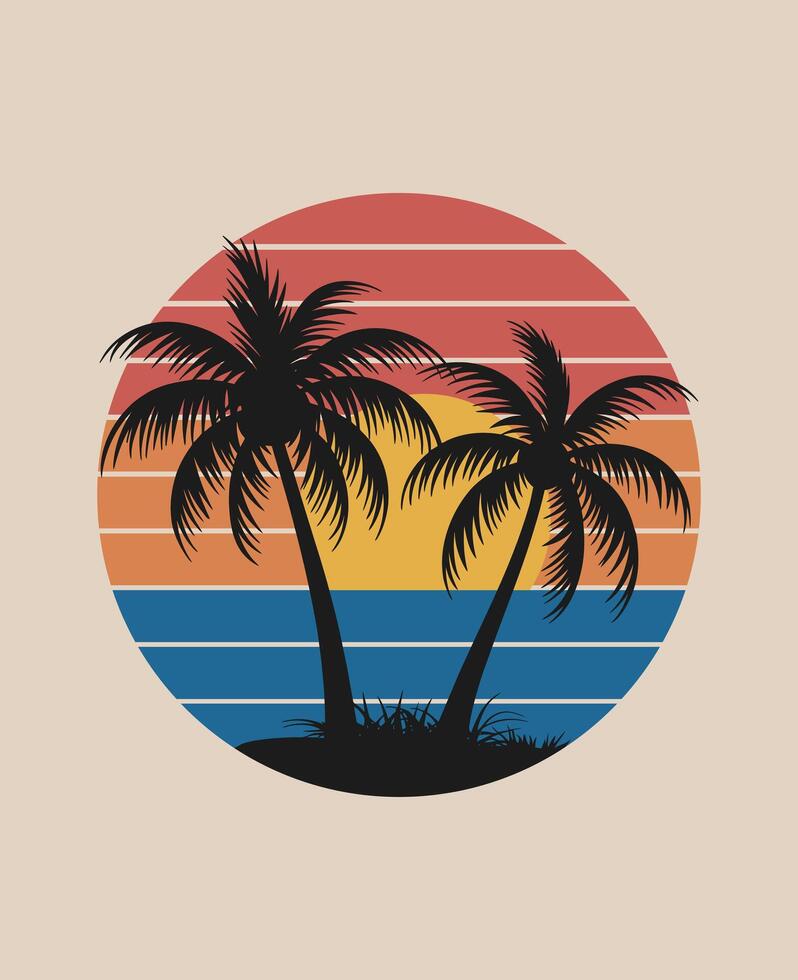 sunset behind palm trees vector