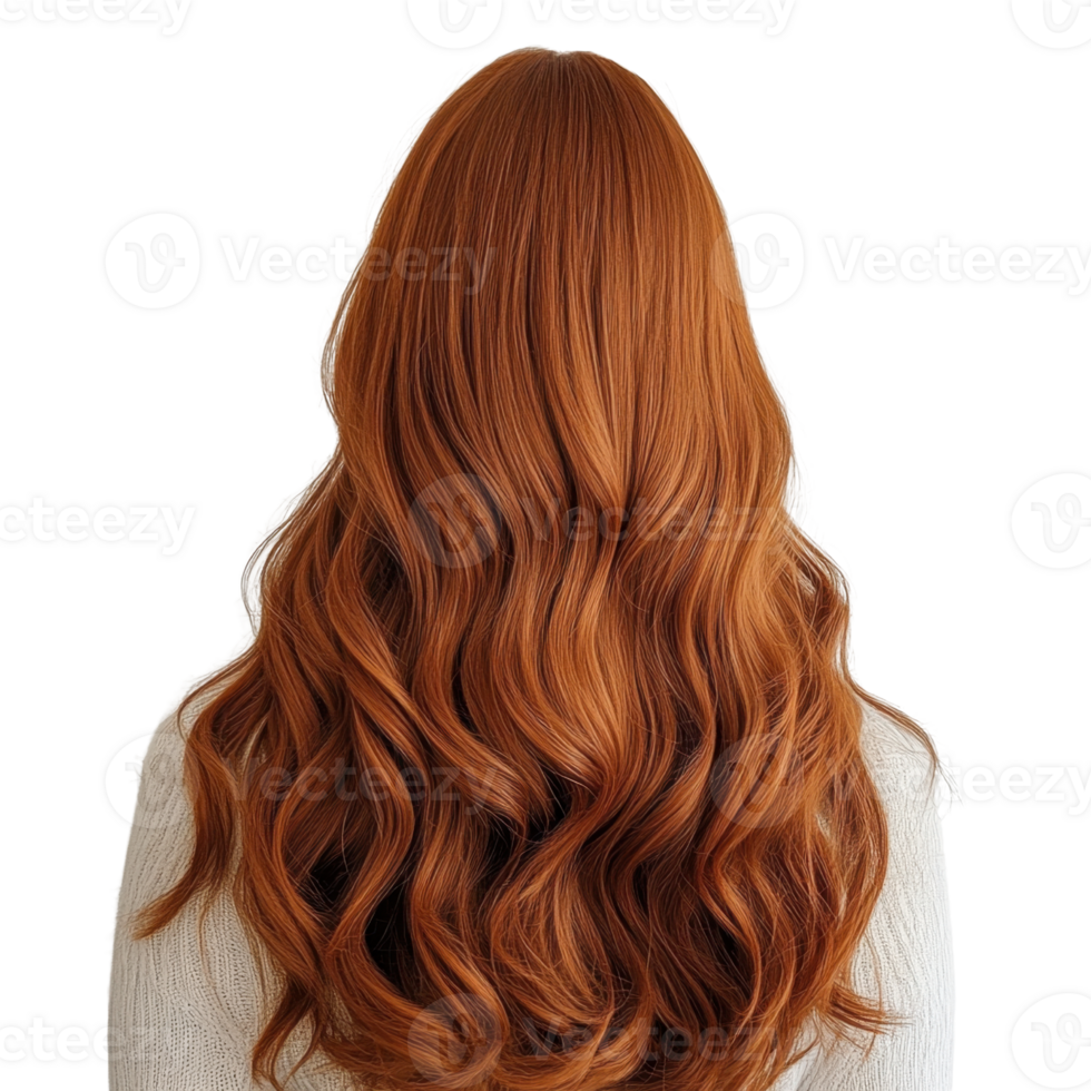 Back view of wavy long auburn hair with a slight sweater over the shoulders isolated on transparent background png