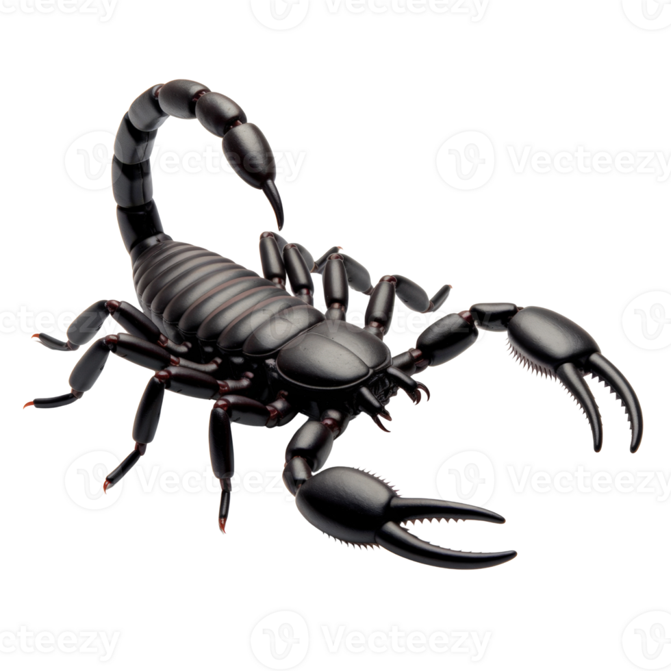 A formidable black scorpion stands ready with its claws isolated on transparent background png