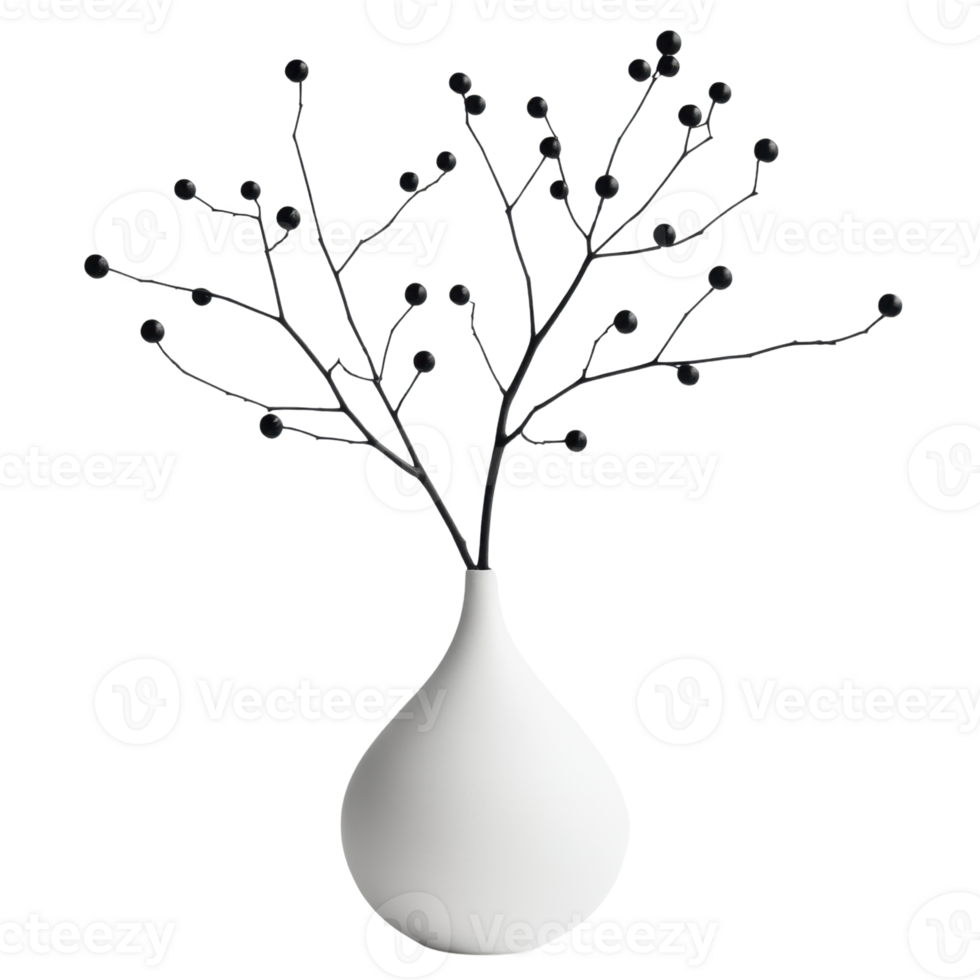 Elegant white vase with stylized dark branches and spherical decorations isolated on transparent background png