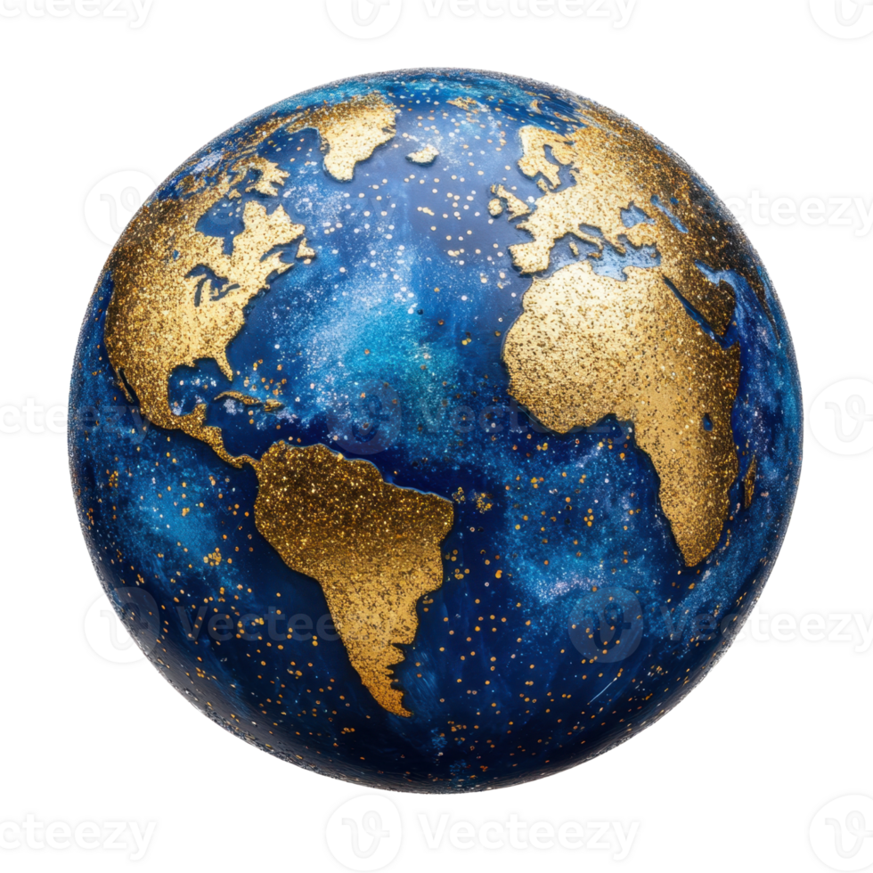 Gold continents on a swirling blue planet isolated on transparent background png