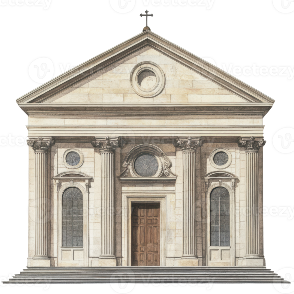 Facade of neoclassical church with cross at apex of triangular pediment isolated on transparent background png