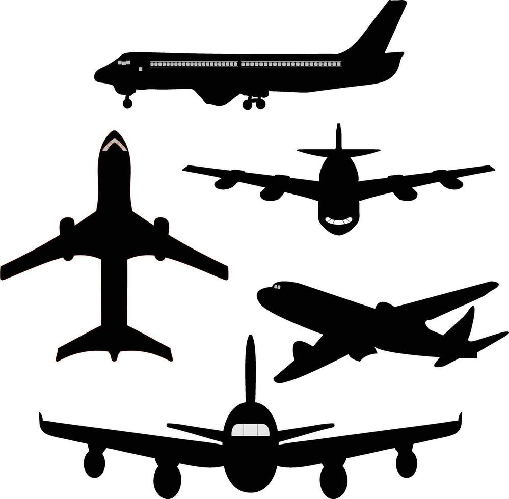 Airplane Silhouettes from Multiple Angles for Aviation and Travel Concepts vector