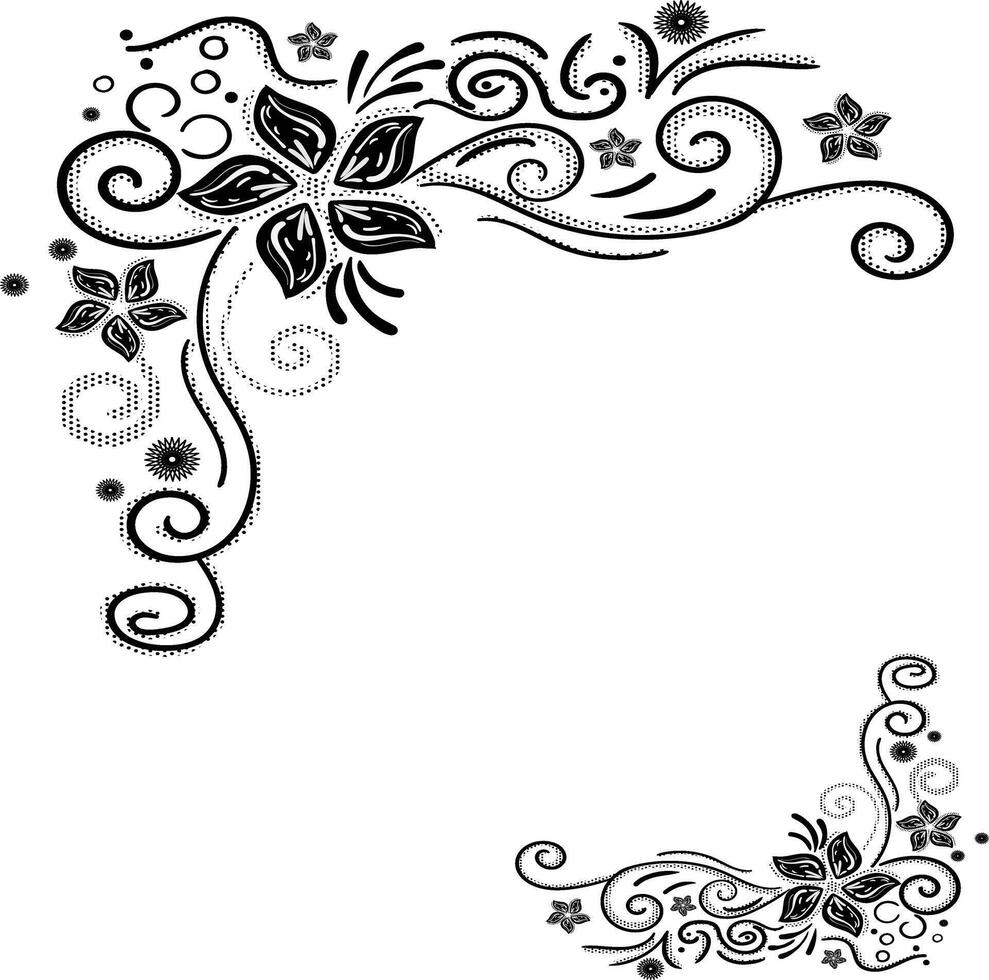 Elegant floral corner border with swirling decorative lines, dotted patterns, and abstract flowers in black and white style. vector
