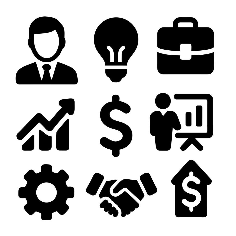 Entrepreneur icons Set of black solid business icons featuring a businessman, light bulb, briefcase, chart, dollar sign, presentation, gear, handshake, and investment growth symbol on a white vector