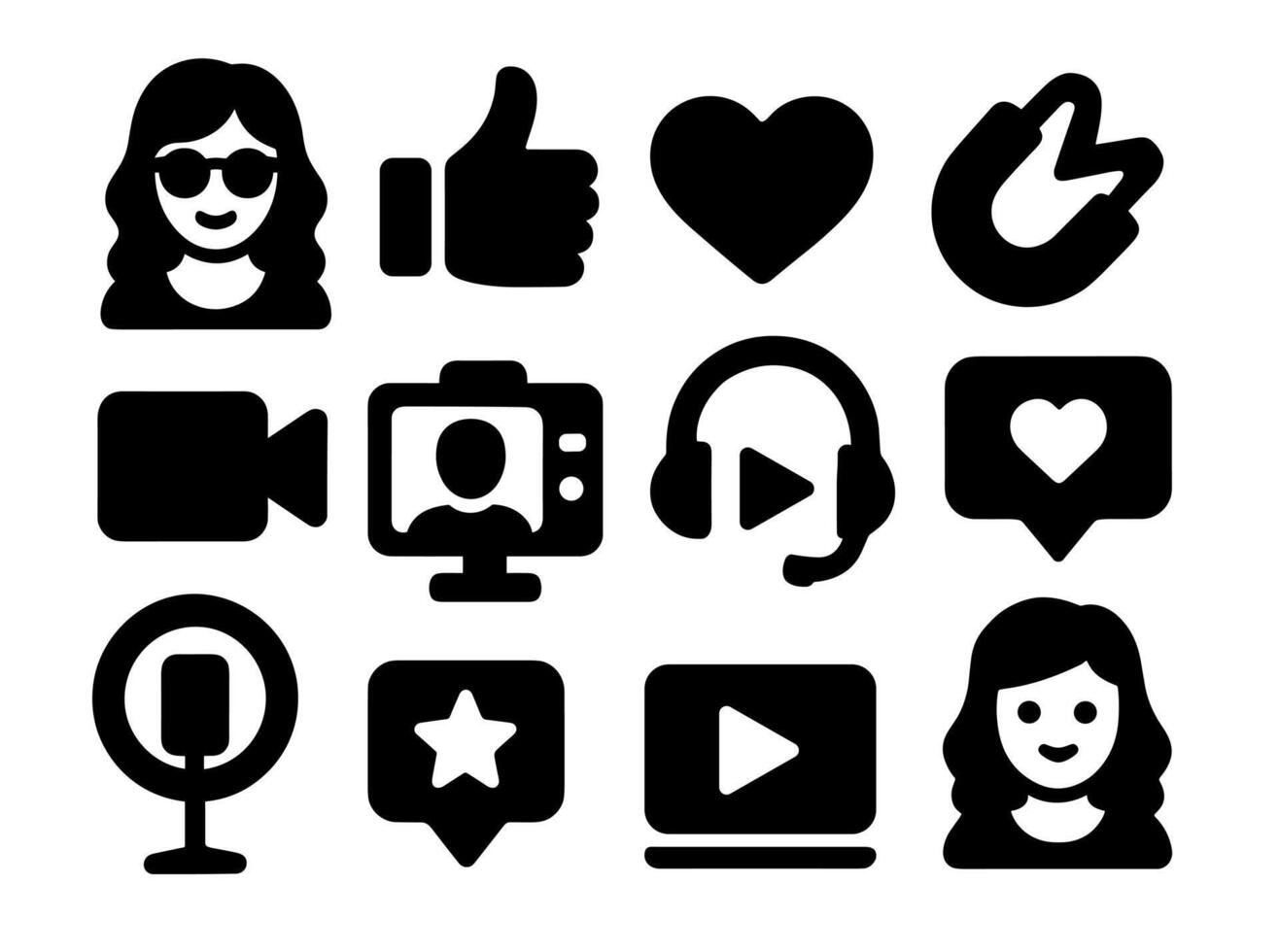 influencer icons Set of bold black social media icons including influencer, like, heart, peace hand, camera, live stream, headset, podcast mic, comment, and play button symbols on a white vector