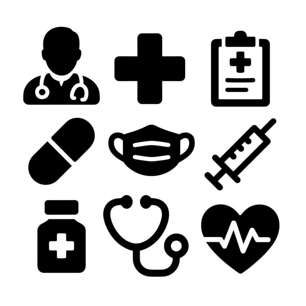 Doctor icons set of bold black medical icons including doctor, cross symbol, medical clipboard, pill, face mask, syringe, medicine bottle, stethoscope, and heart with heartbeat line on white vector