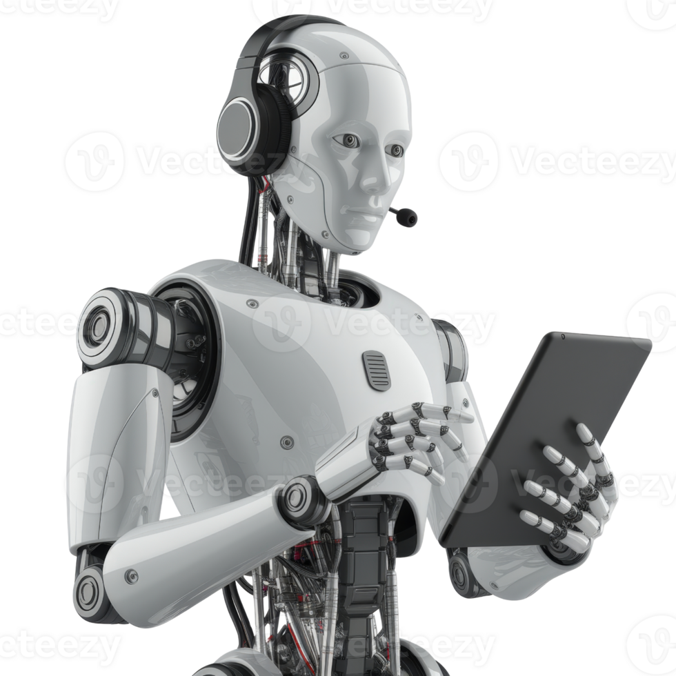 Robot assistant with tablet and headset ready to help with technologyisolated on transparent background png