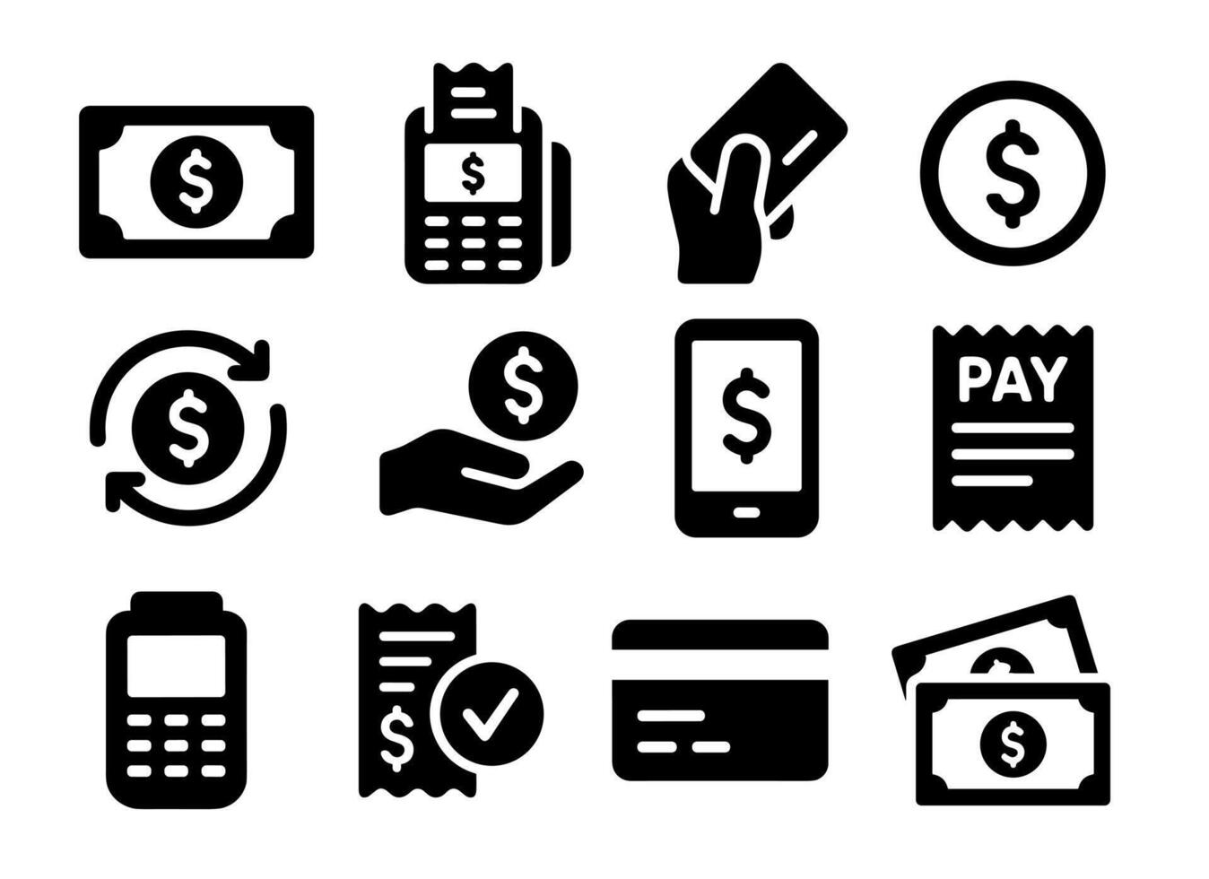 Payment icons set Bold black payment and finance icon set featuring cash, credit card, mobile payment, POS machine, coin, receipt, and currency exchange symbols in a modern flat style vector